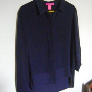 Catherine Navy Blue Blouse,  Sheer Long Sleeves, Double layered Shell  Size XL
